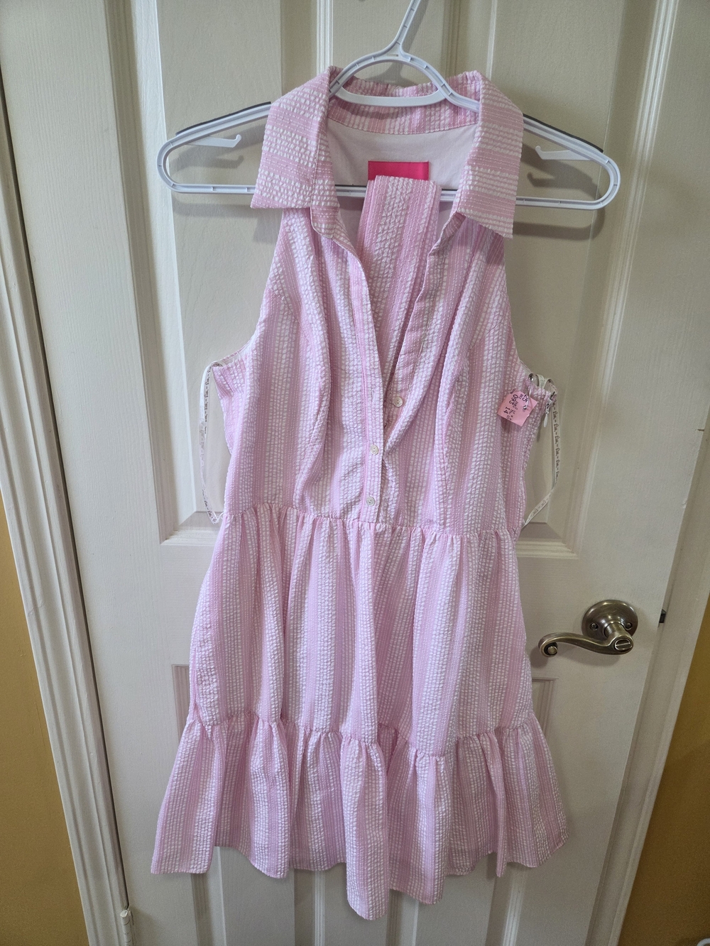 Lilly Pulitzer Pink and White Seersucker Sleeveless Tiered Dress